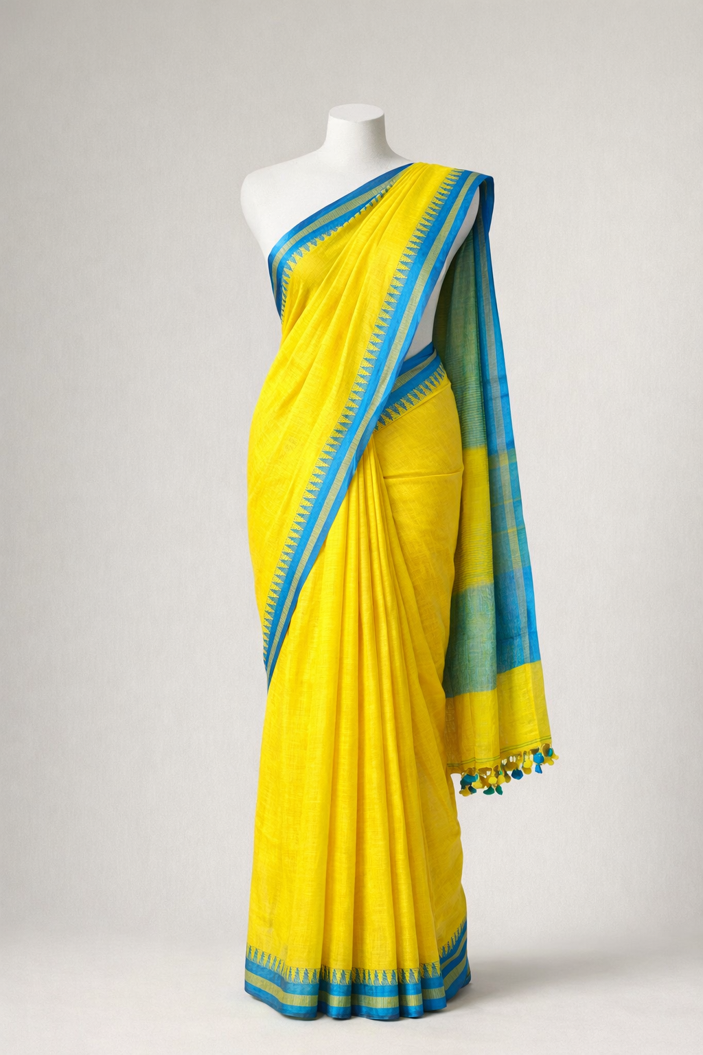 Yellow & Blue Lenin Cotton saree - Image 4