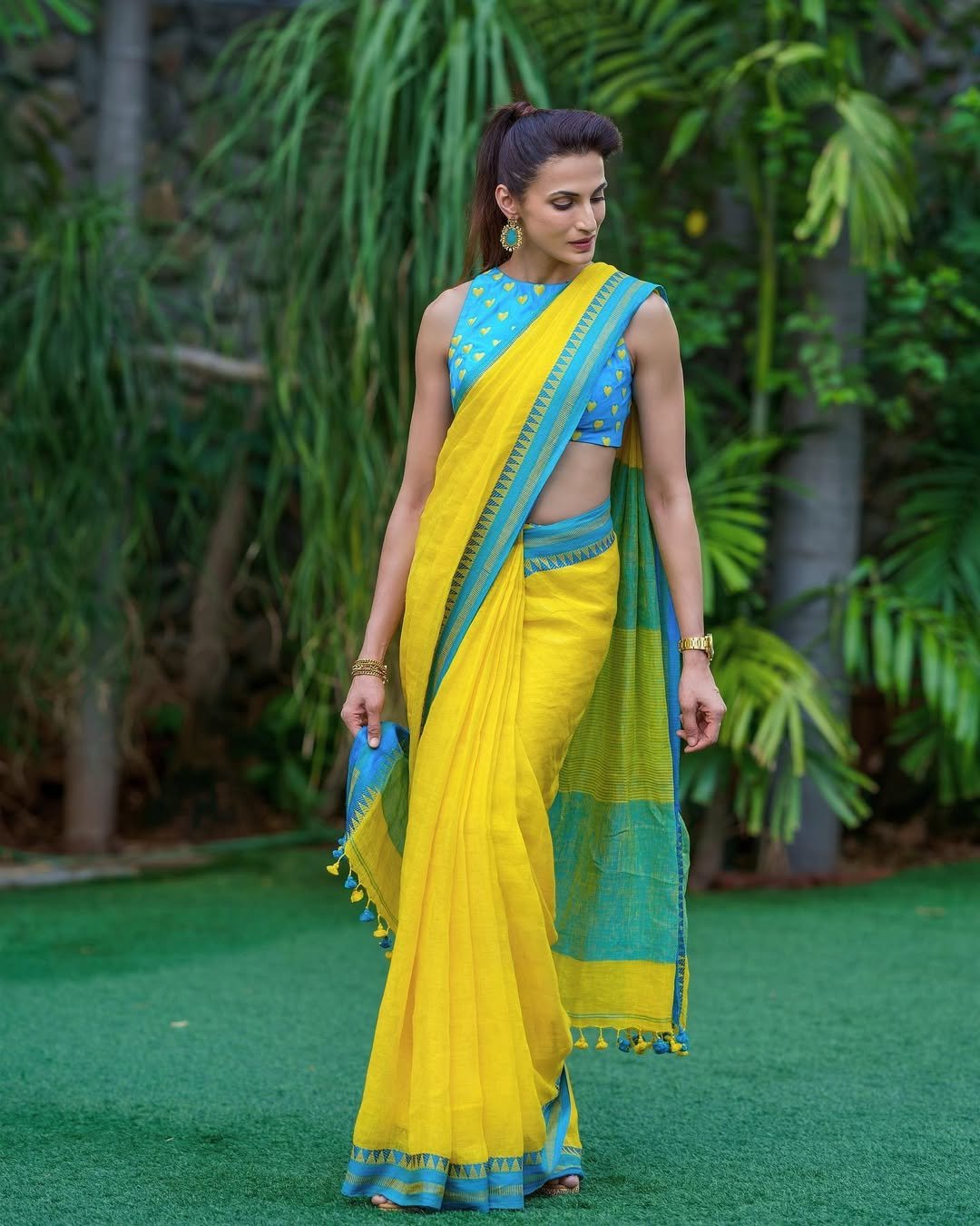 Yellow & Blue Lenin Cotton saree