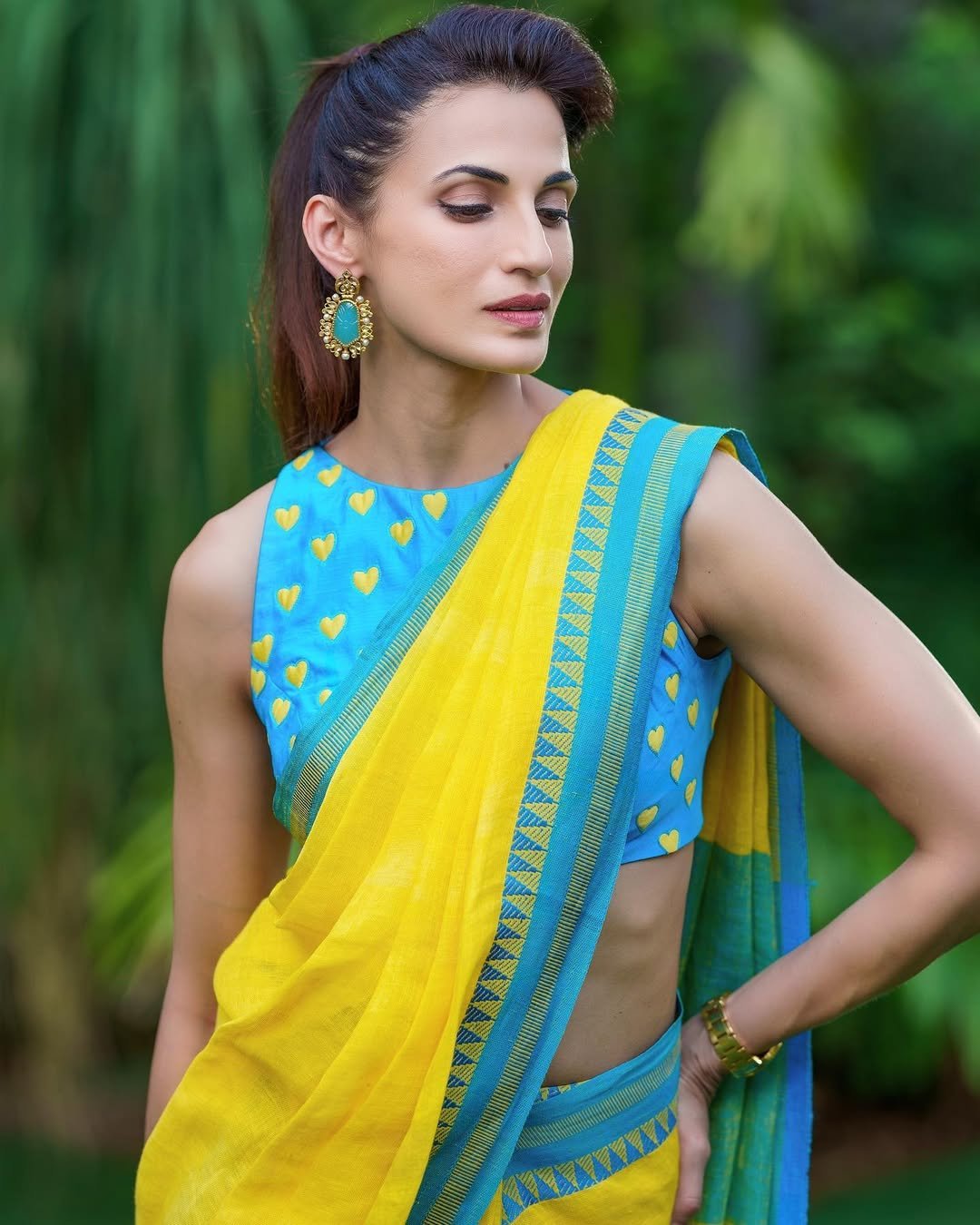 Yellow & Blue Lenin Cotton saree - Image 2